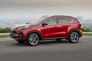 A red 2022 Kia Sportage parked.