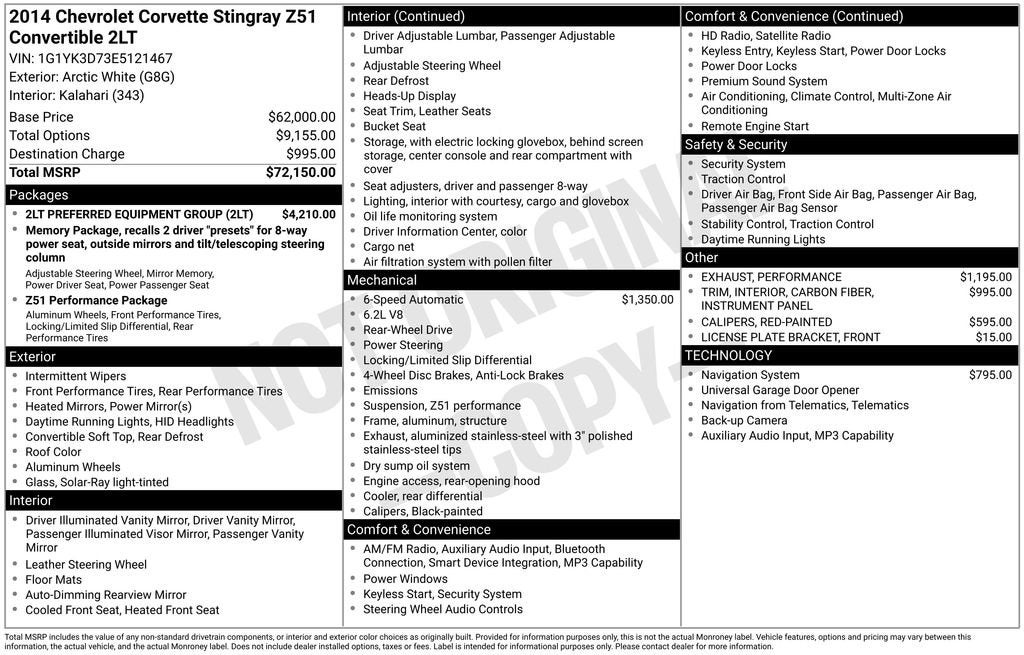 2014 Chevrolet Corvette Stingray Z51 2LT