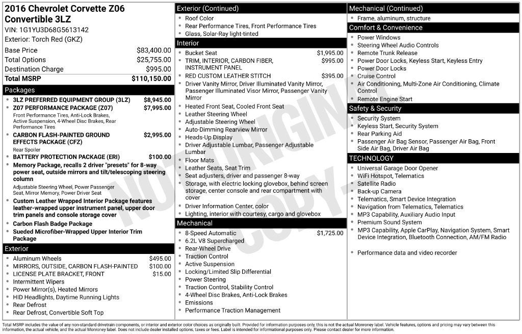 2016 Chevrolet Corvette Z06 Z06 3LZ