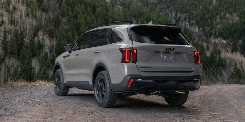 Gray Kia Sportage SUV parked on a rugged trail surrounded by a forest landscape
